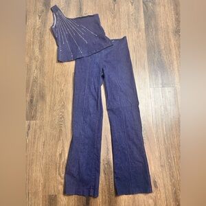 ISABEL Denim Jeans & One Shoulder Set Blue Pinstripe Pant Zipper Women's M VTG